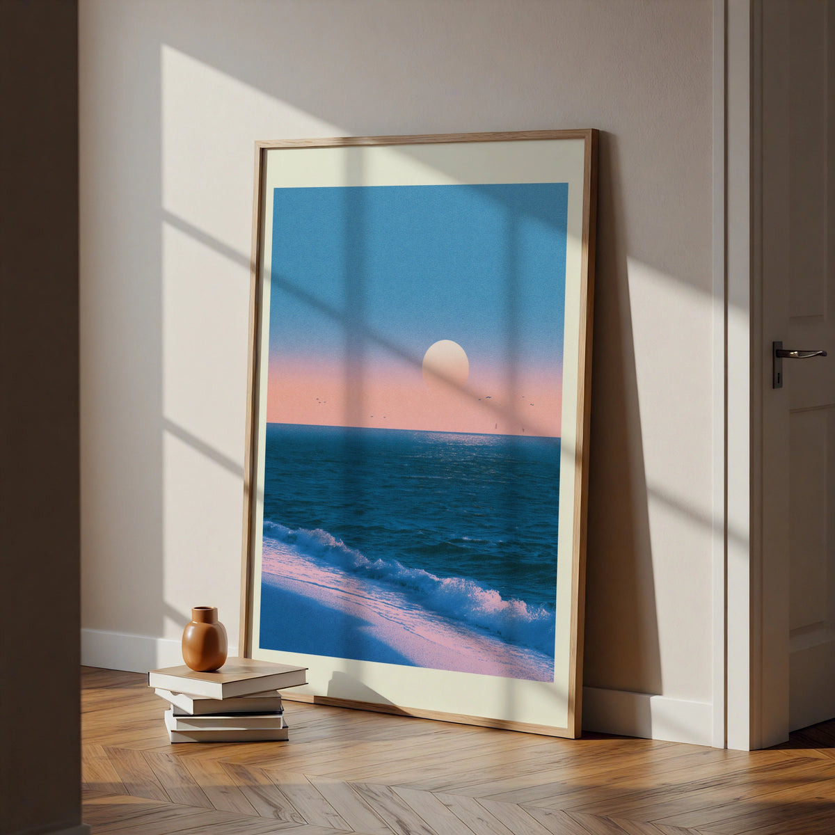 Japanese Sunset Ocean Poster, Pink Blue Seascape Wall Art, Coastal Sun Print