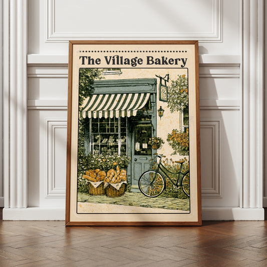 Village Bakery Vintage Illustration Poster, Rustic Bread Shop Wall Art Print, Kitchen Decor