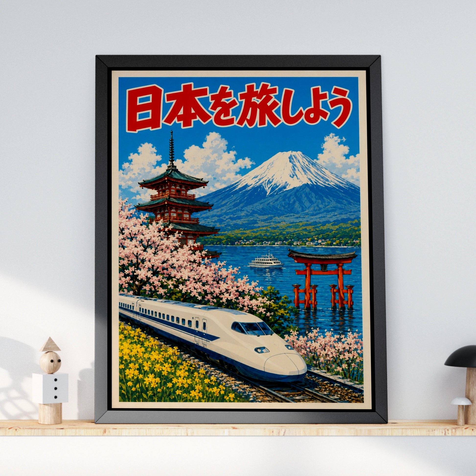 Travel Japan Poster, Mount Fuji Shinkansen Print, Japanese Wall Art, Torii Gate Cherry Blossom