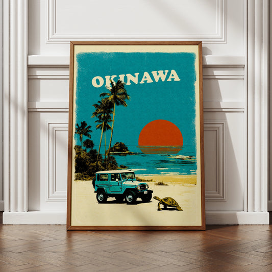 Okinawa Japan Retro Travel Poster, Vintage Beach Wall Art, Sunset 4x4 Print