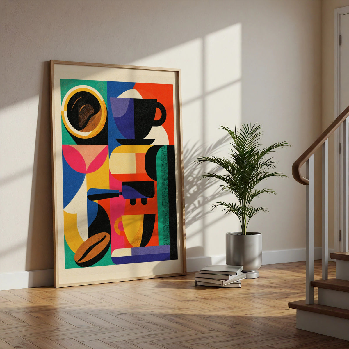 Colourful Coffee Art Print, Bold Geometric Espresso Poster, Kitchen Wall Decor