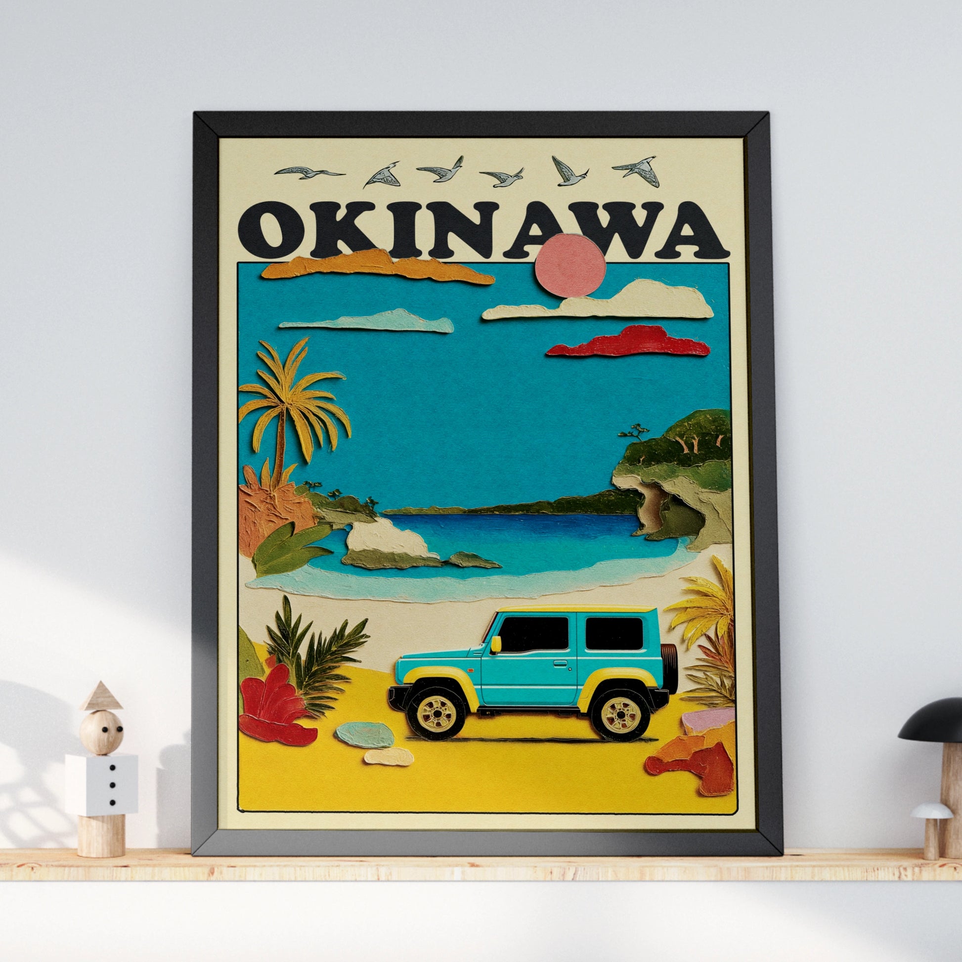 Okinawa Travel Poster, Japan Beach Wall Art, Retro Jeep Print, Tropical Island Decor