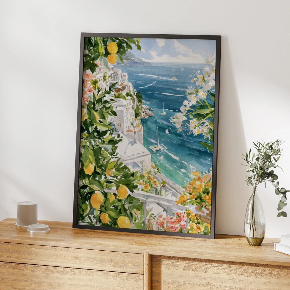 Amalfi Coast Poster, Italy Watercolour Wall Art, Lemon Tree Print, Mediterranean Travel Decor