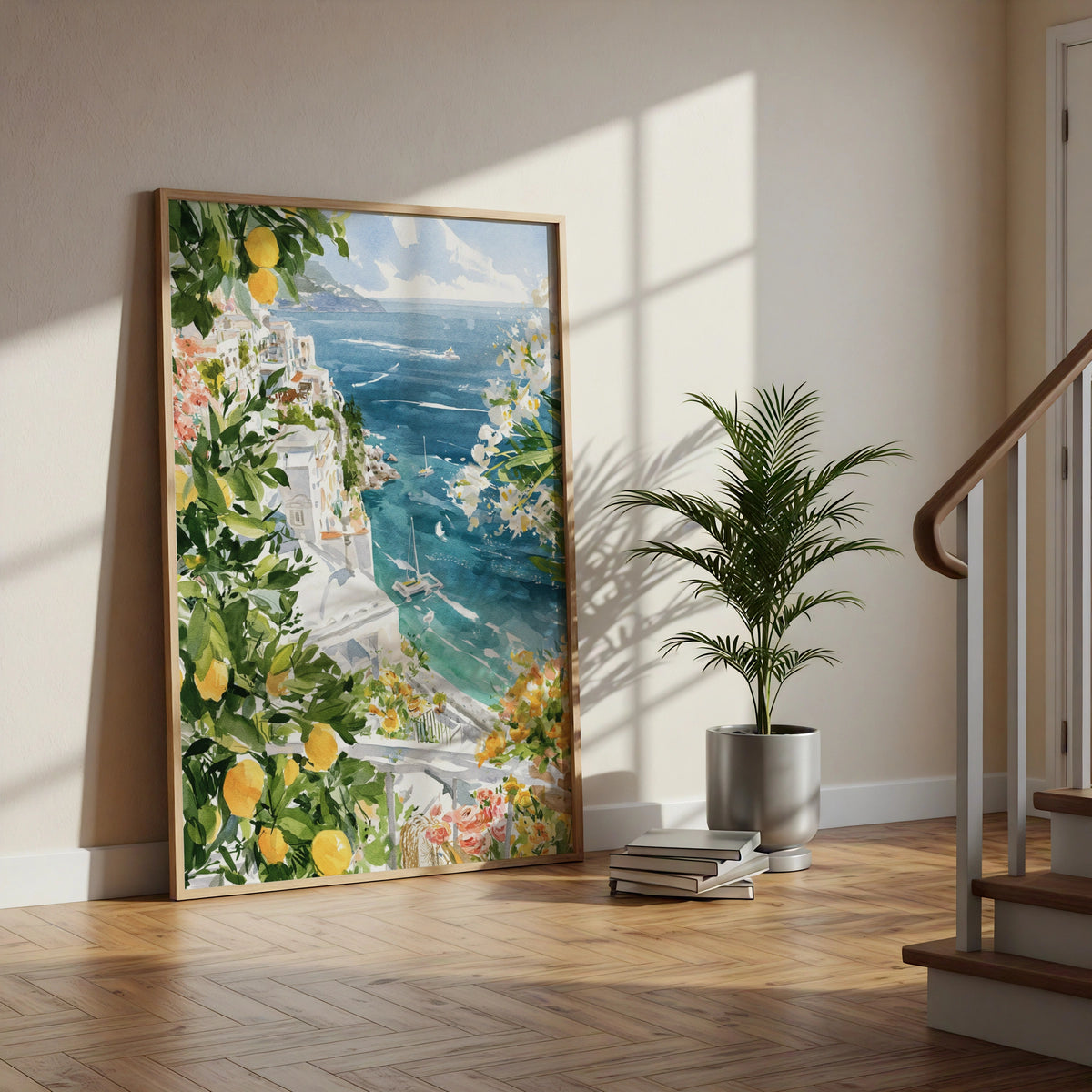 Amalfi Coast Poster, Italy Watercolour Wall Art, Lemon Tree Print, Mediterranean Travel Decor