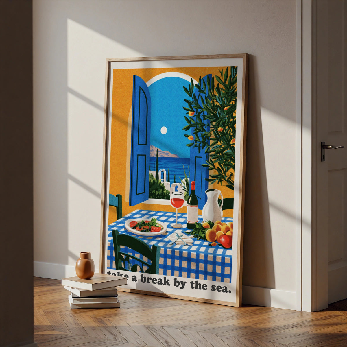 Greece Travel Poster, Mediterranean Sea View Print, Retro Greek Island Wall Art, Kitchen Decor