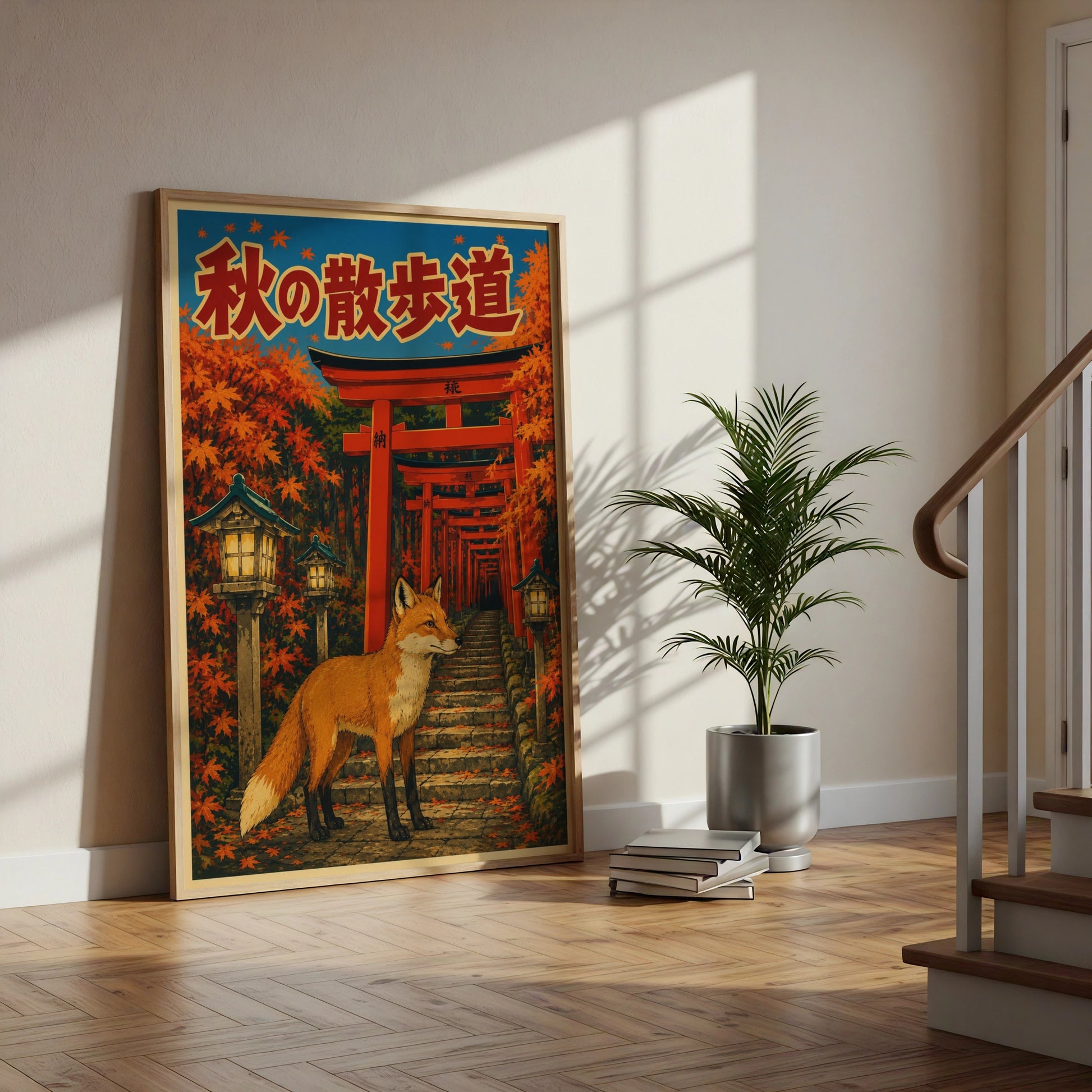 Japanese Fox Poster, Torii Gate Autumn Art Print, Kitsune Wall Art, Japan