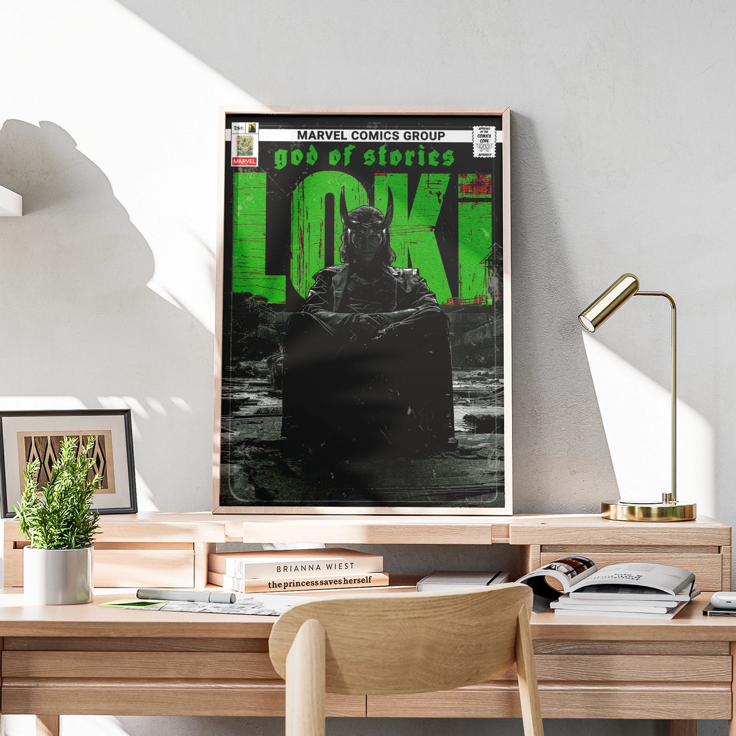 Loki God of Stories Poster, Marvel Comic Book Print, Green Black Wall Art