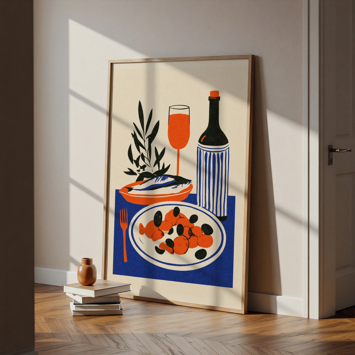 Mediterranean Food Poster, Kitchen Wall Art Print, Olive Fish Wine Illustration