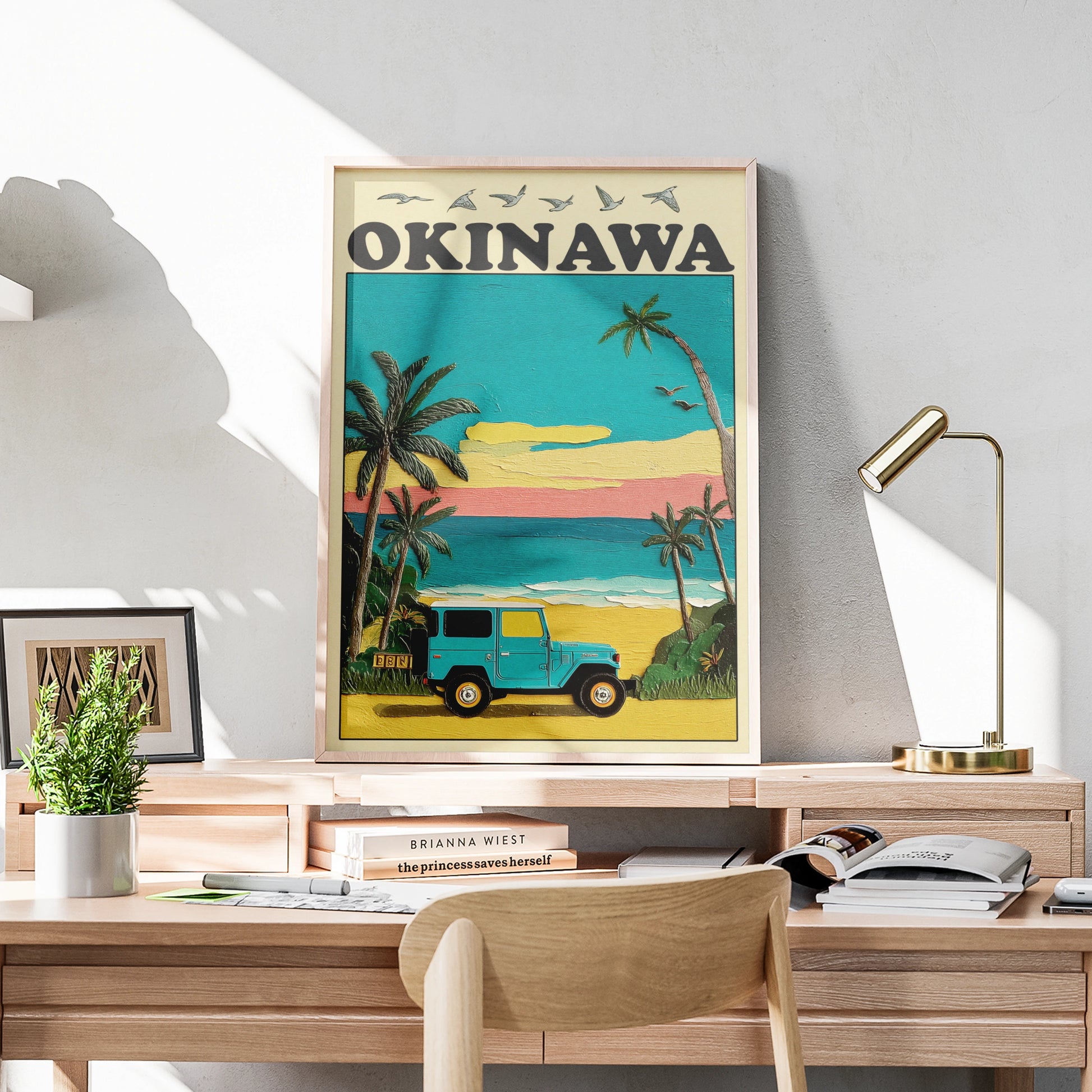 Okinawa Travel Poster, Japan Beach Print, Retro Jeep Wall Art, Vintage Tropical
