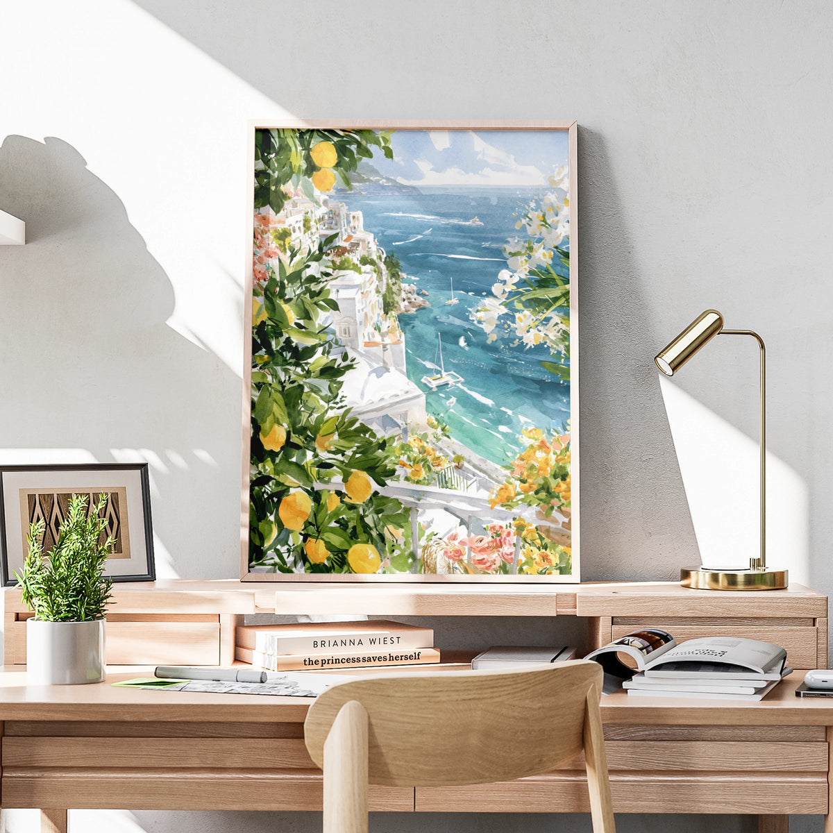 Amalfi Coast Poster, Italy Watercolour Wall Art, Lemon Tree Print, Mediterranean Travel Decor