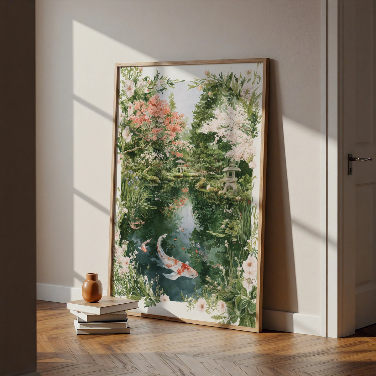 Japanese Koi Garden Poster, Watercolour Koi Pond Print, Zen Wall Art, Floral