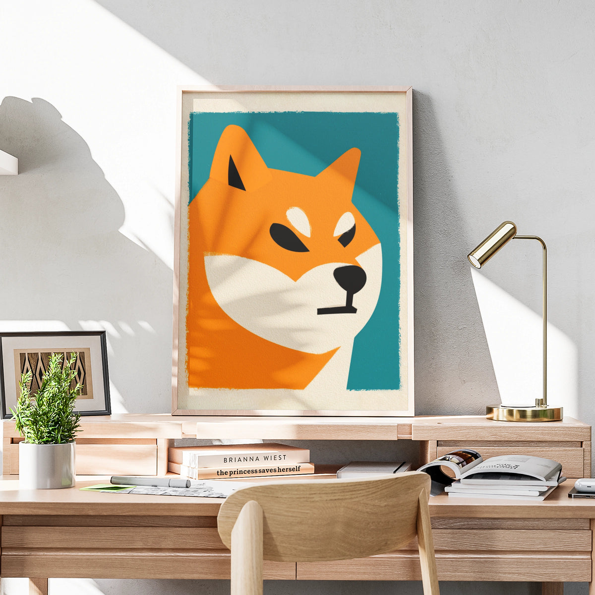 Shiba Inu Poster, Bold Minimalist Dog Wall Art, Teal Orange Print, Japanese Dog Breed