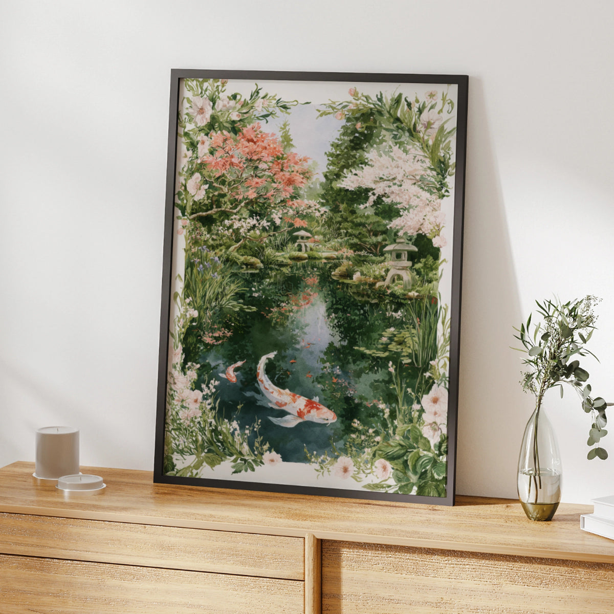 Japanese Koi Garden Poster, Watercolour Koi Pond Print, Zen Wall Art, Floral