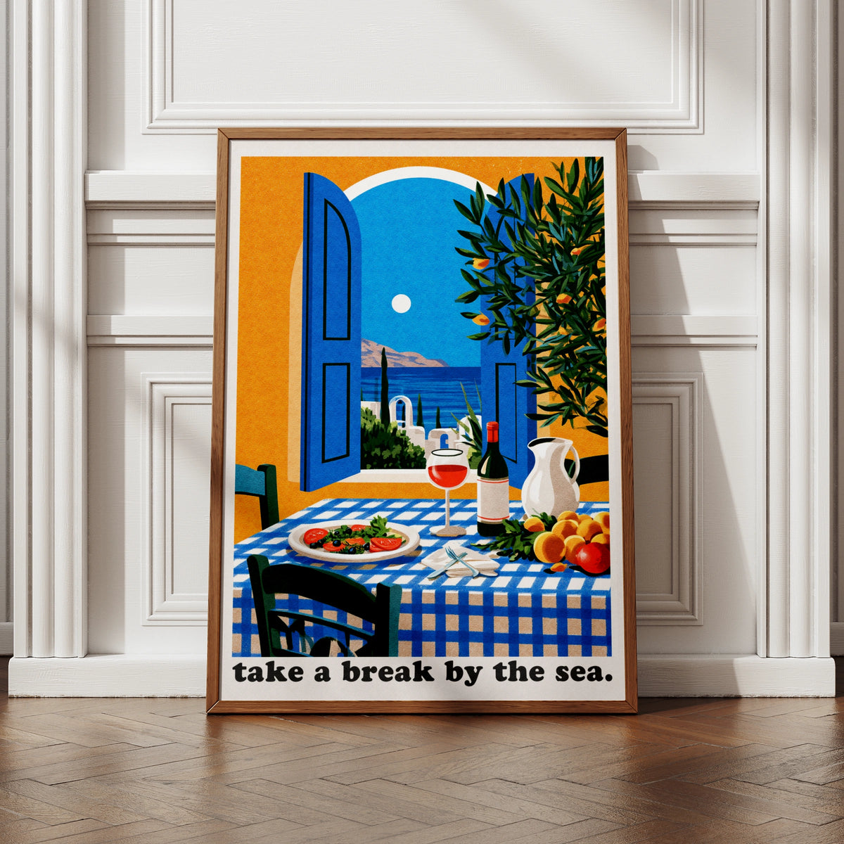 Greece Travel Poster, Mediterranean Sea View Print, Retro Greek Island Wall Art, Kitchen Decor