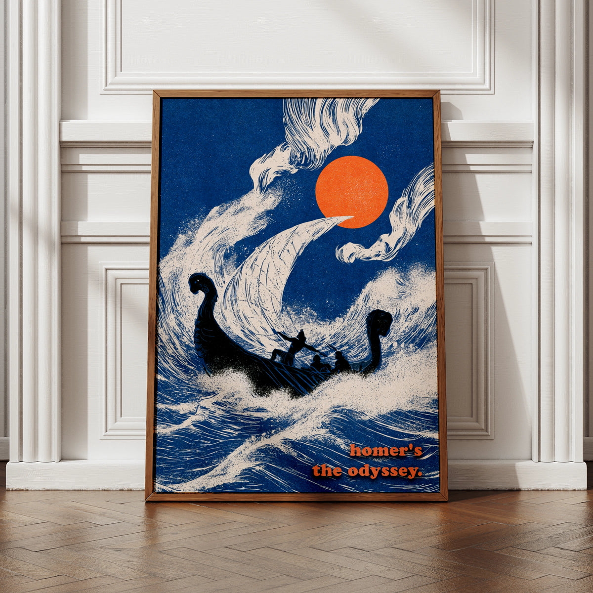 Homer's Odyssey Poster, Greek Mythology Wall Art, Ancient Greek Literature Print, Navy Blue Orange Decor