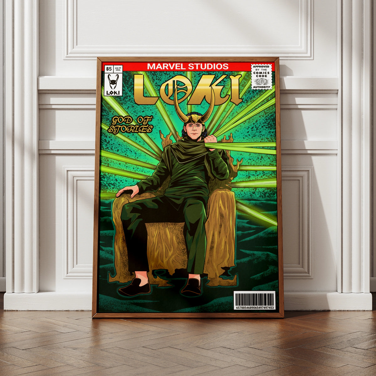 Loki God of Stories Poster, Marvel Comic Book Style Print, Green Gold Wall Art