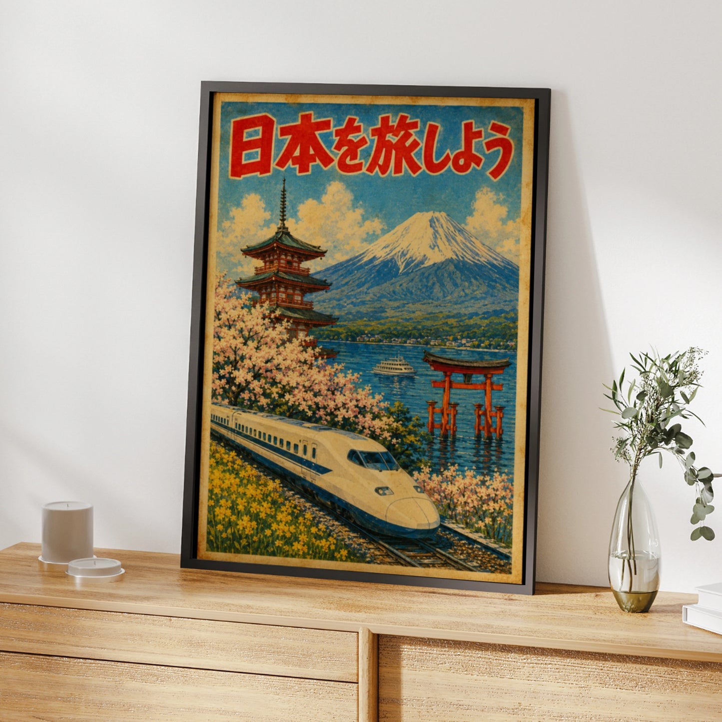 Japan Travel Poster, Vintage Shinkansen Mount Fuji Cherry Blossom Wall Art Print