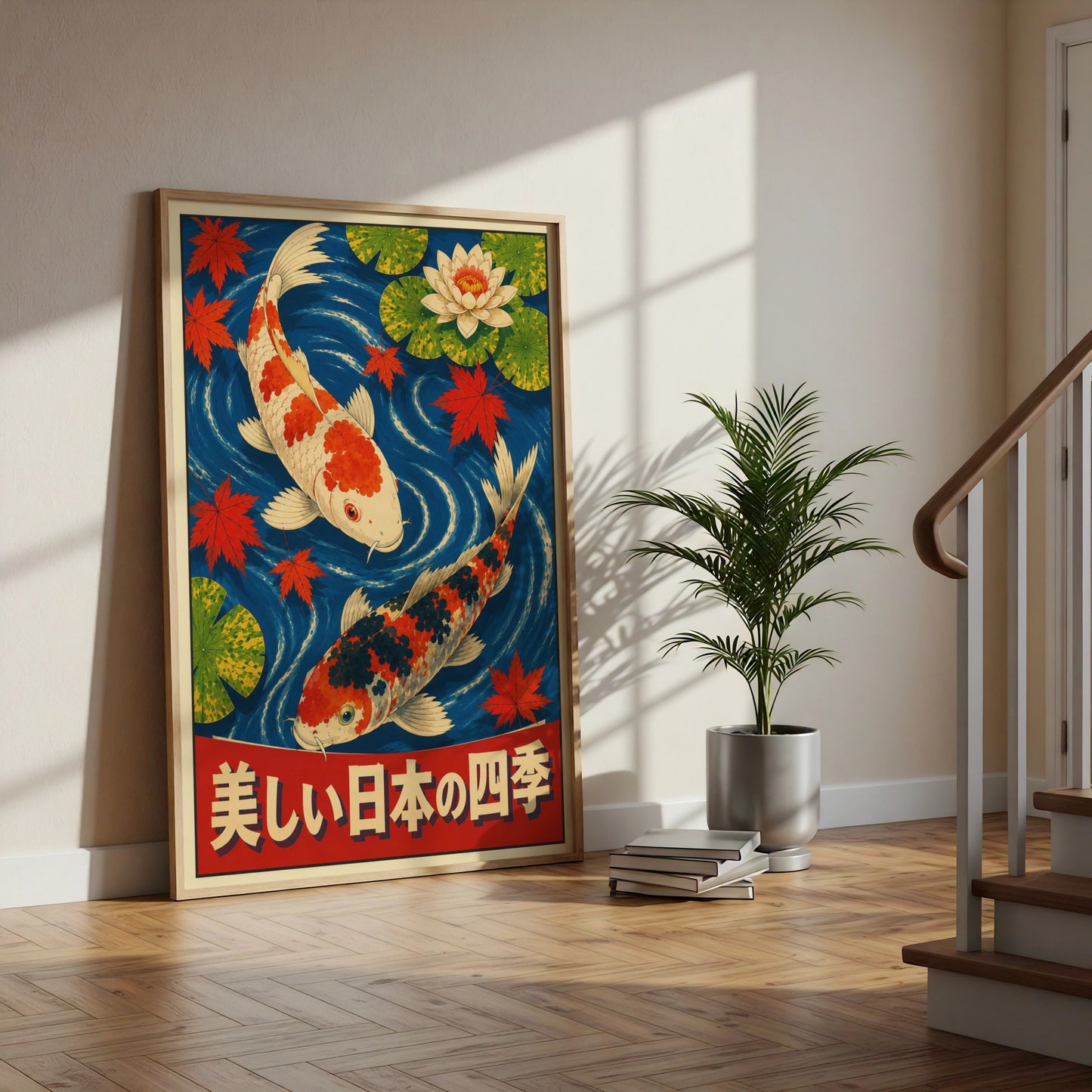 Koi Fish Japanese Poster, Four Seasons Wall Art, Lotus Flower, Maple Leaf Print