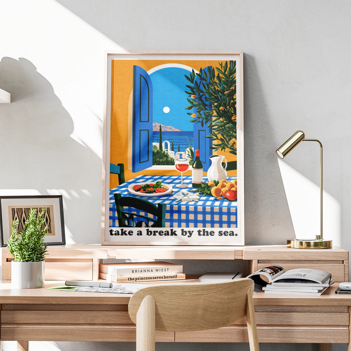 Greece Travel Poster, Mediterranean Sea View Print, Retro Greek Island Wall Art, Kitchen Decor