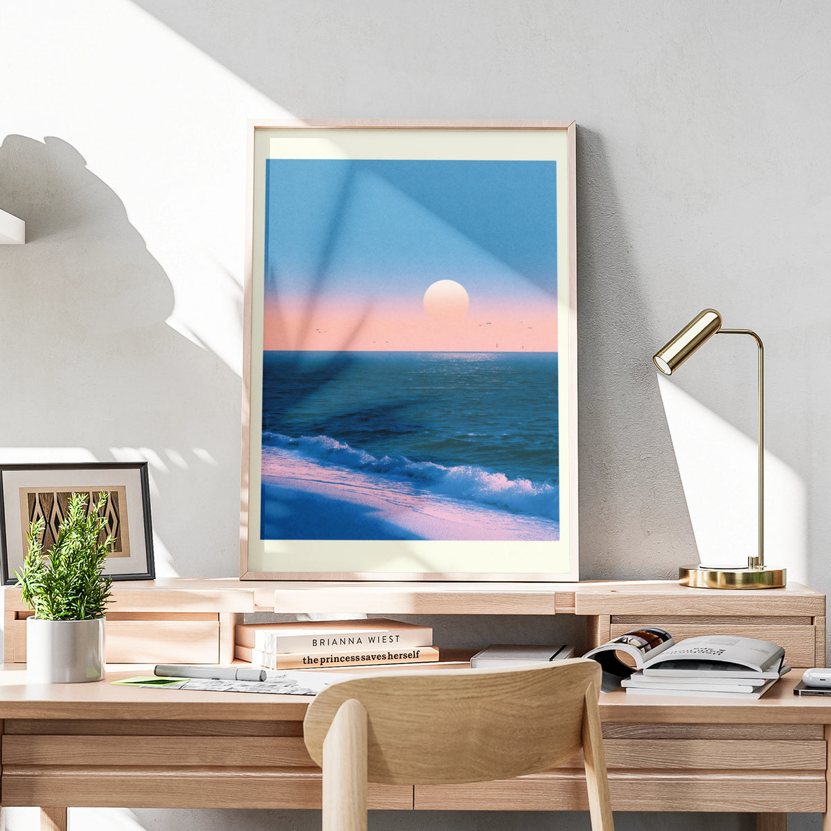 Japanese Sunset Ocean Poster, Pink Blue Seascape Wall Art, Coastal Sun Print