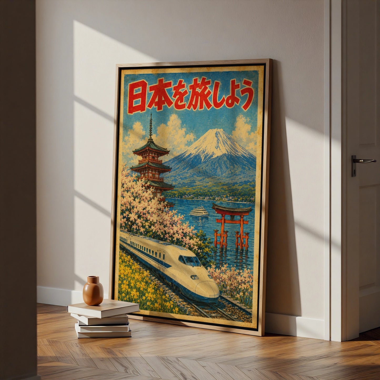 Japan Travel Poster, Vintage Shinkansen Mount Fuji Cherry Blossom Wall Art Print