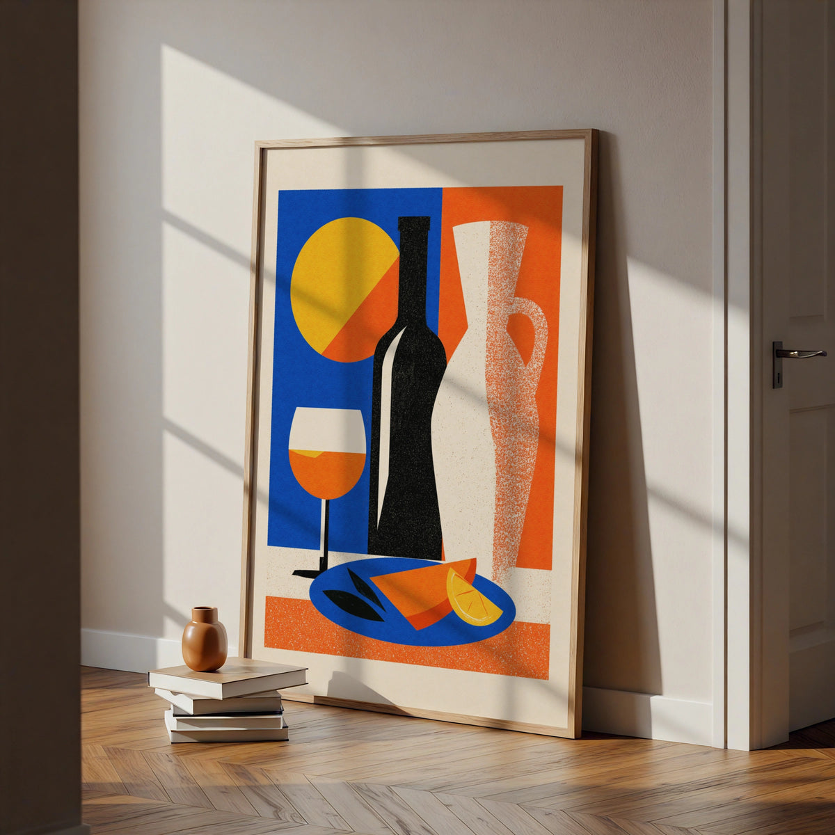 Mediterranean Still Life Poster, Wine Bottle Art Print, Bold Geometric Kitchen Wall Decor