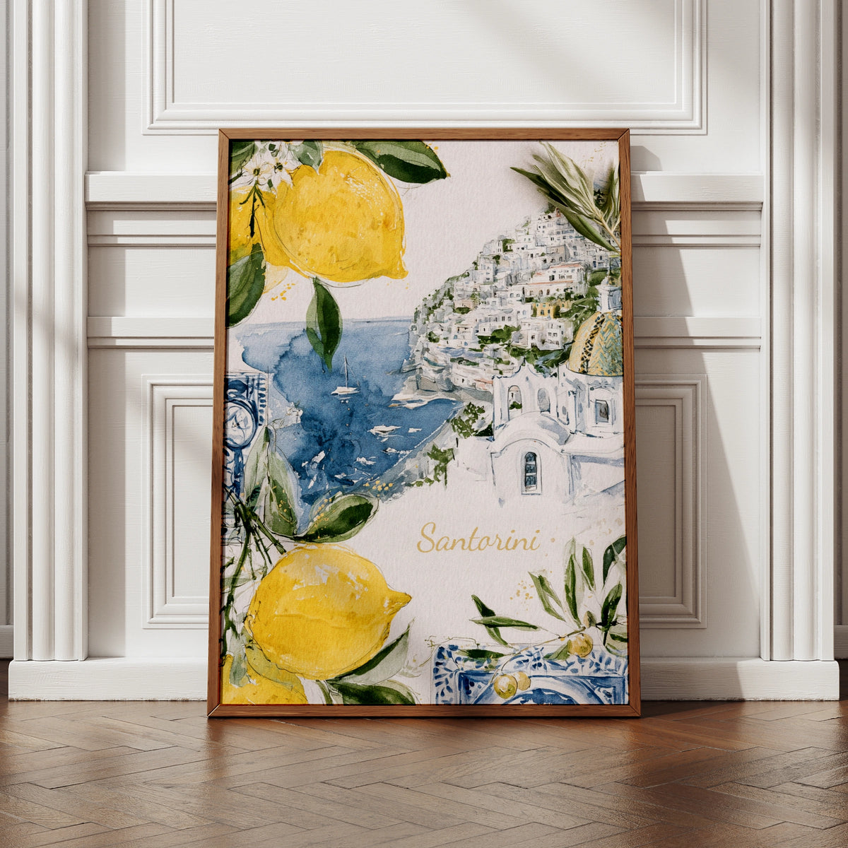 Santorini Watercolour Poster, Greece Travel Wall Art Print, Lemon Blue Mediterranean Decor