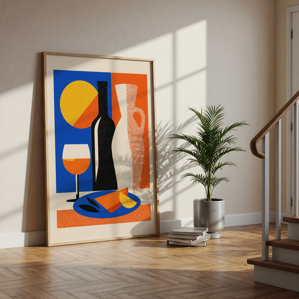 Mediterranean Still Life Poster, Wine Bottle Art Print, Bold Geometric Kitchen Wall Decor