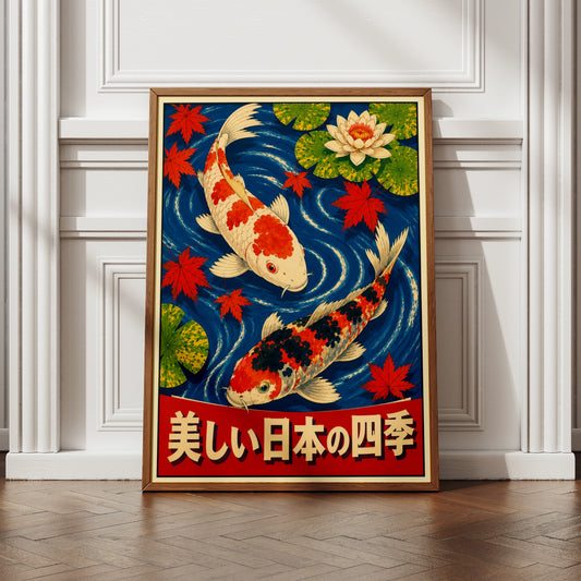 Koi Fish Japanese Poster, Four Seasons Wall Art, Lotus Flower, Maple Leaf Print