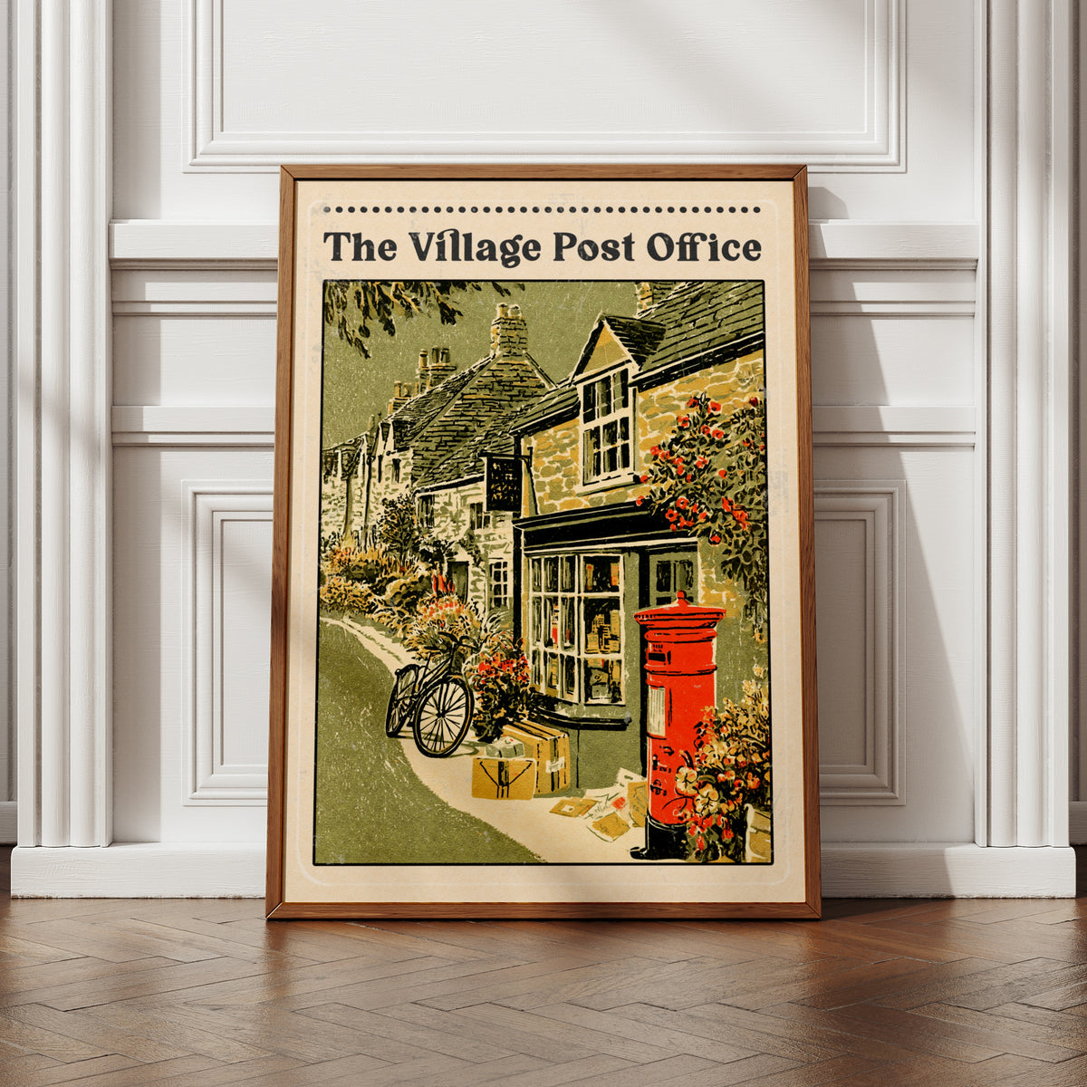 Village Post Office Vintage British Print, Red Postbox Wall Art, Retro English Countryside Poster