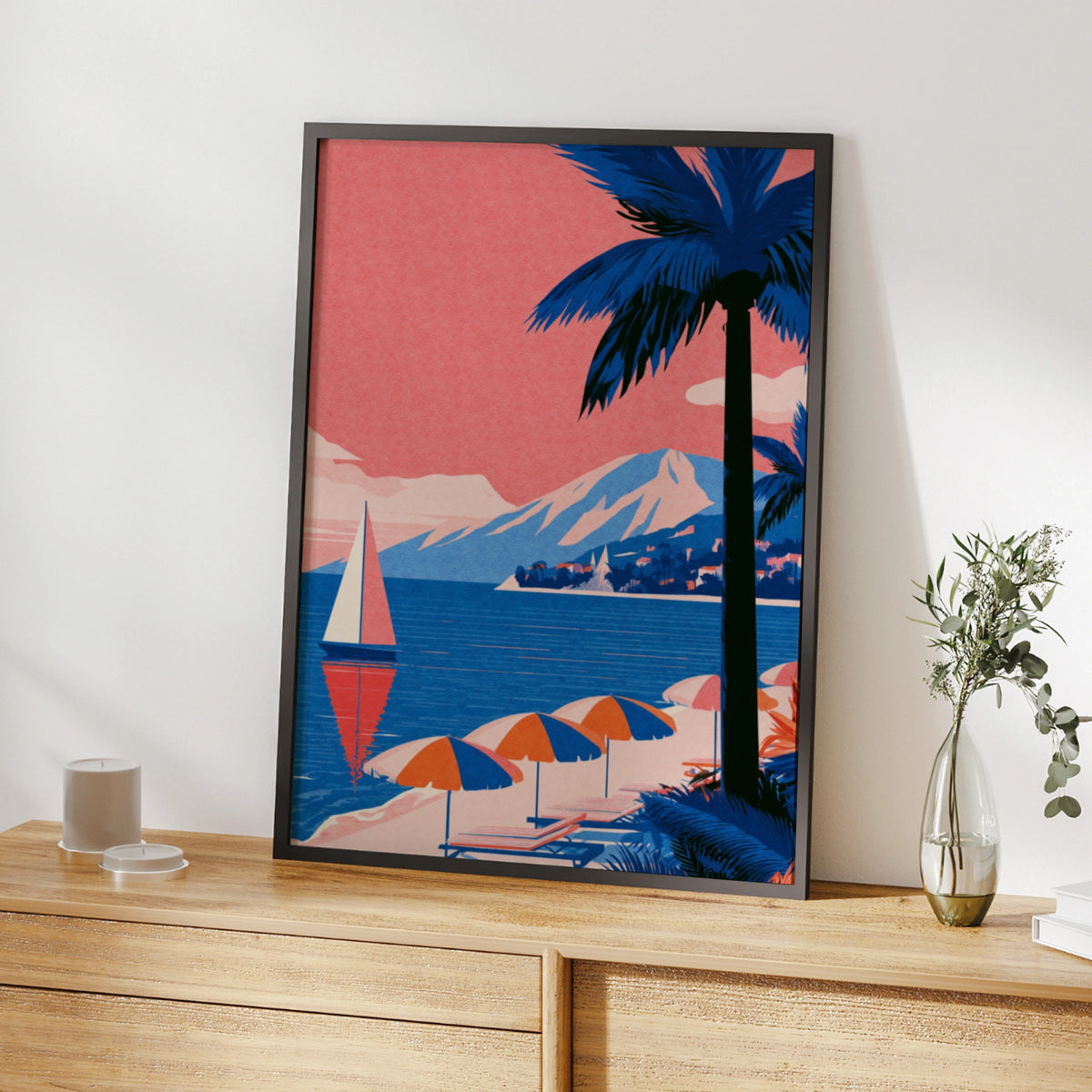 French Riviera Travel Poster, Vintage Beach Print, Cote d'Azur Wall Art, Pink Blue