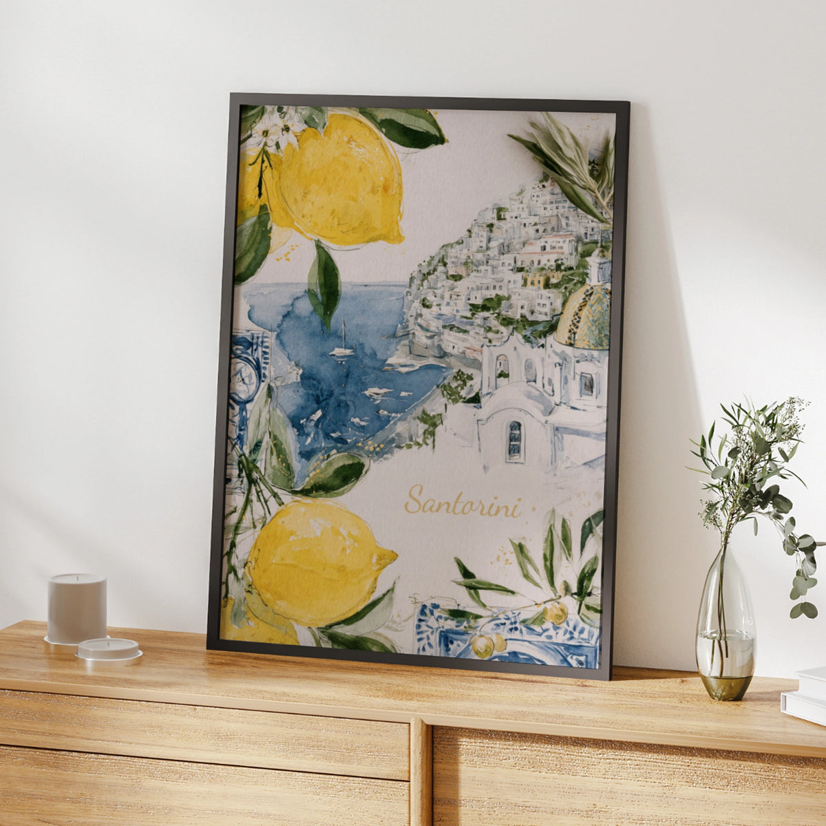 Santorini Watercolour Poster, Greece Travel Wall Art Print, Lemon Blue Mediterranean Decor