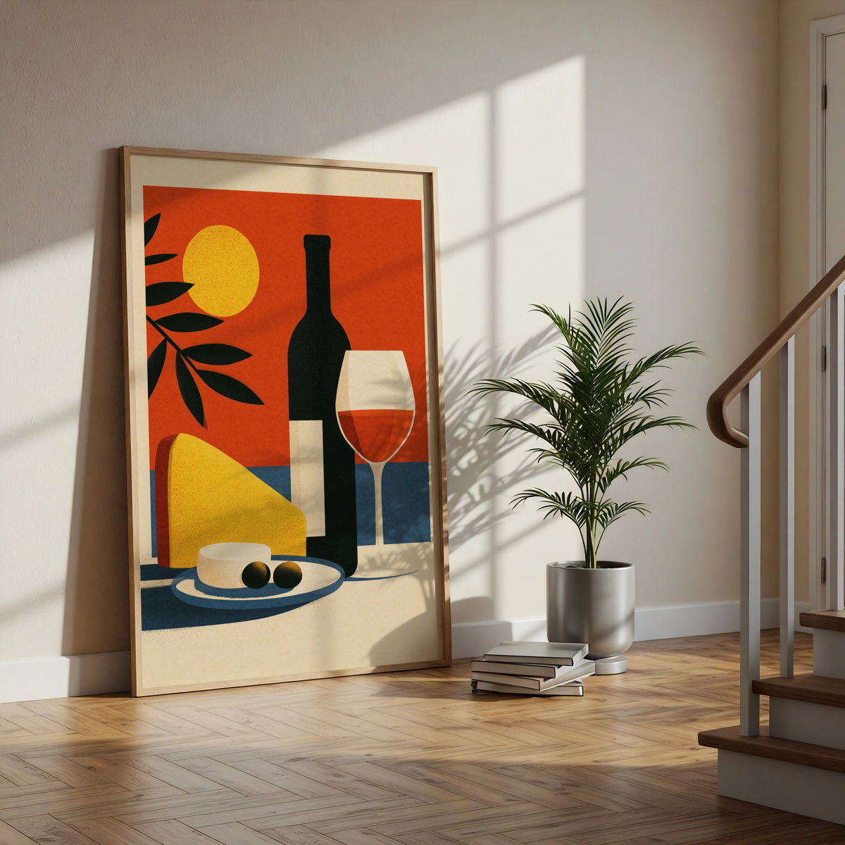 Italian Still Life Wine Poster, Cheese & Olives Wall Art, Retro Kitchen Print