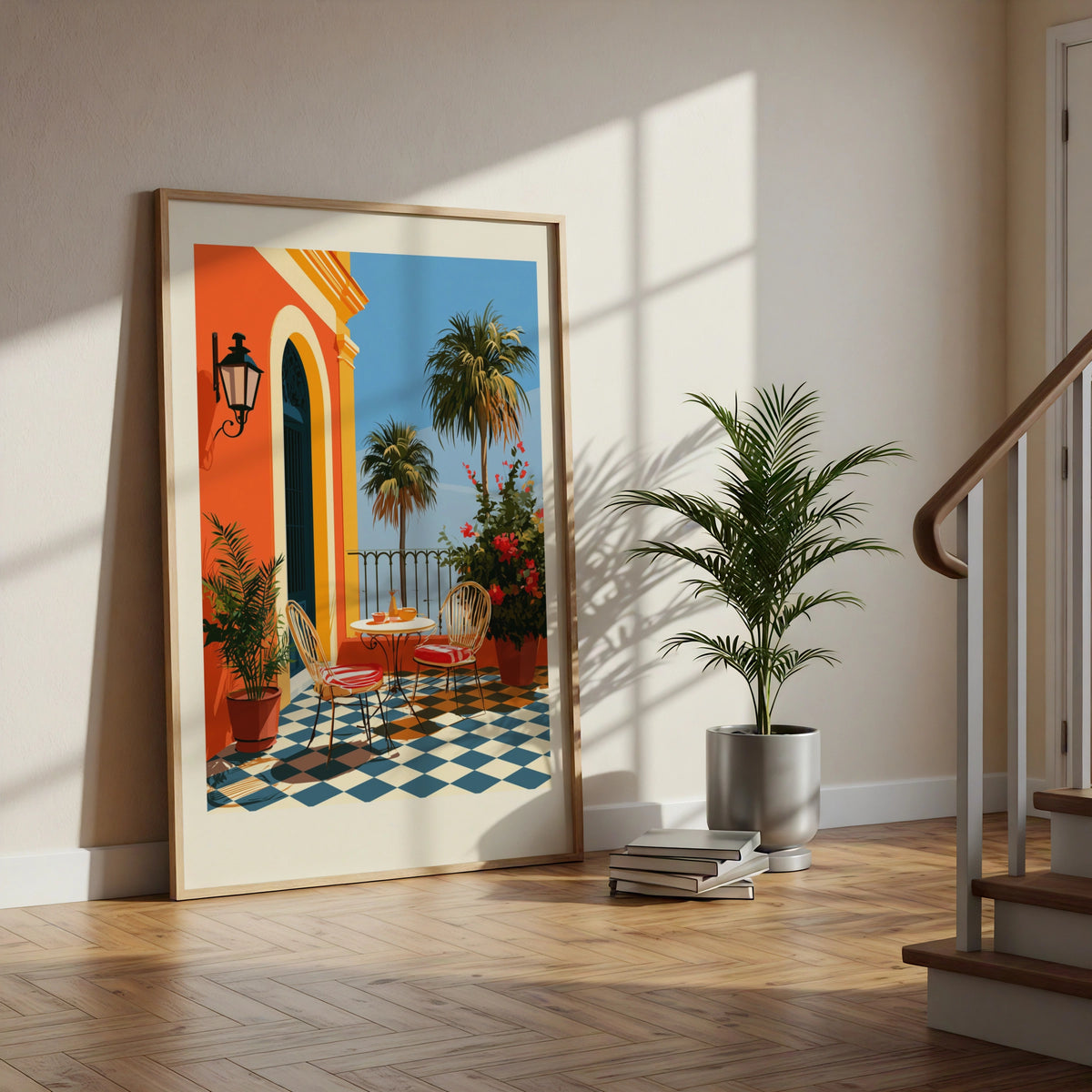 Spanish Terrace Poster, Colourful Mediterranean Wall Art, Retro Travel Print