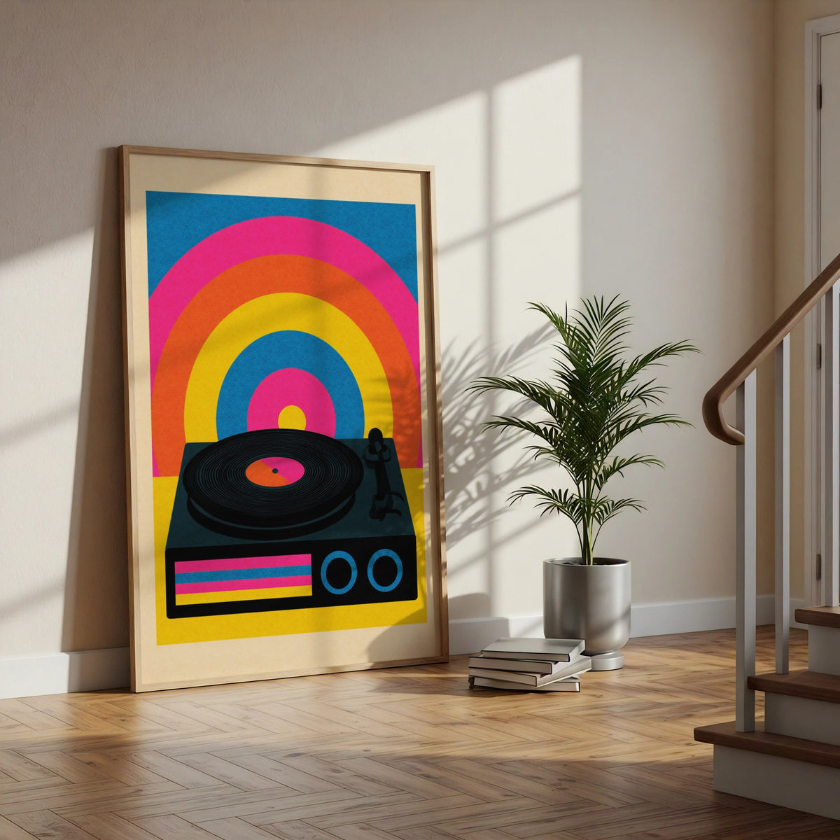 Retro Vinyl Record Player Poster, 70s Rainbow Art Print, Colourful Music Wall Art