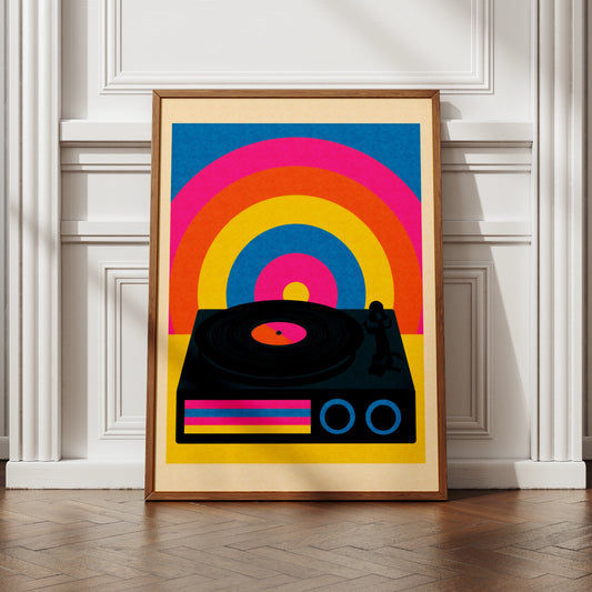 Retro Vinyl Record Player Poster, 70s Rainbow Art Print, Colourful Music Wall Art