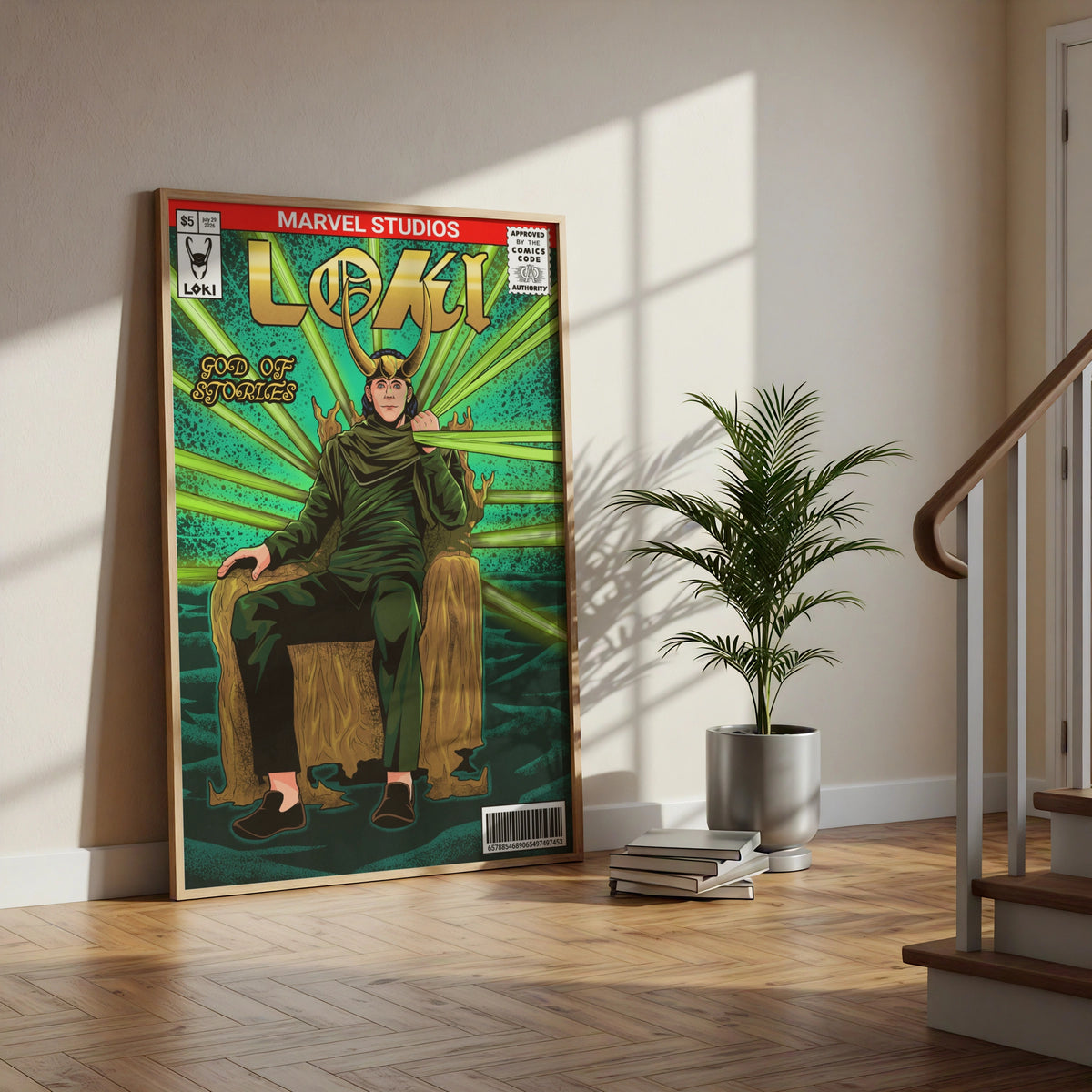Loki God of Stories Poster, Marvel Comic Book Style Print, Green Gold Wall Art