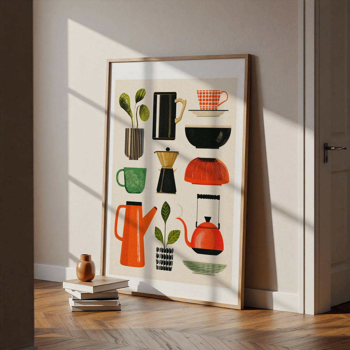 Coffee Selection Art Print, Mid-Century Kitchen Poster, Retro Cafe Wall Art, Bold Colour