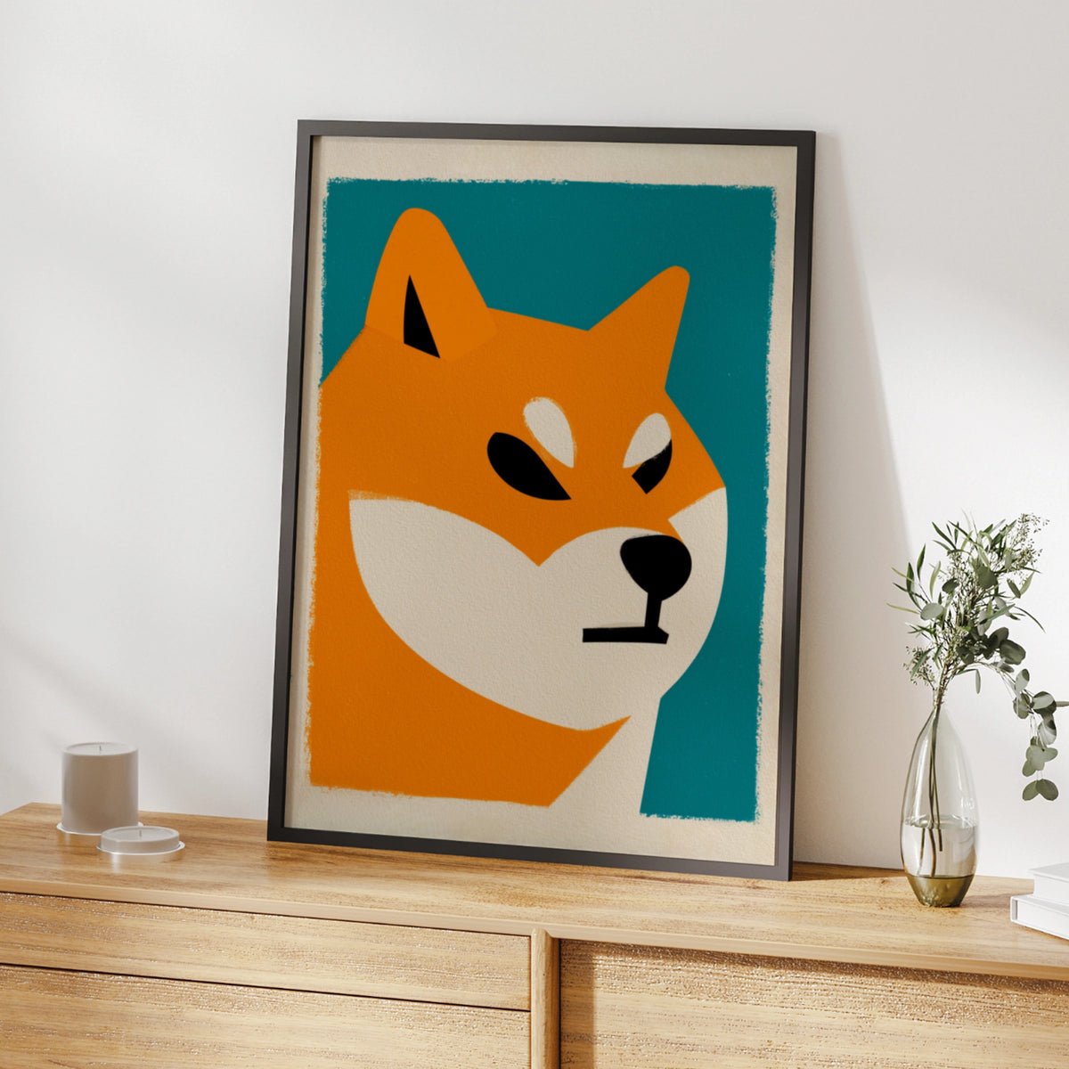 Shiba Inu Poster, Bold Minimalist Dog Wall Art, Teal Orange Print, Japanese Dog Breed