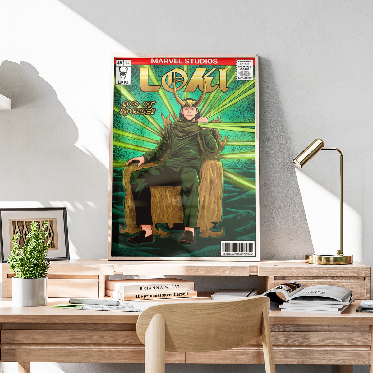 Loki God of Stories Poster, Marvel Comic Book Style Print, Green Gold Wall Art