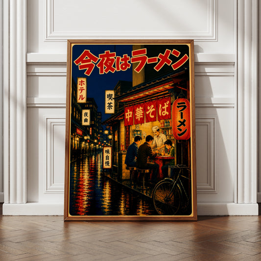 Tokyo Ramen Noodle Bar Poster, Retro Japanese Night Street Wall Art Print
