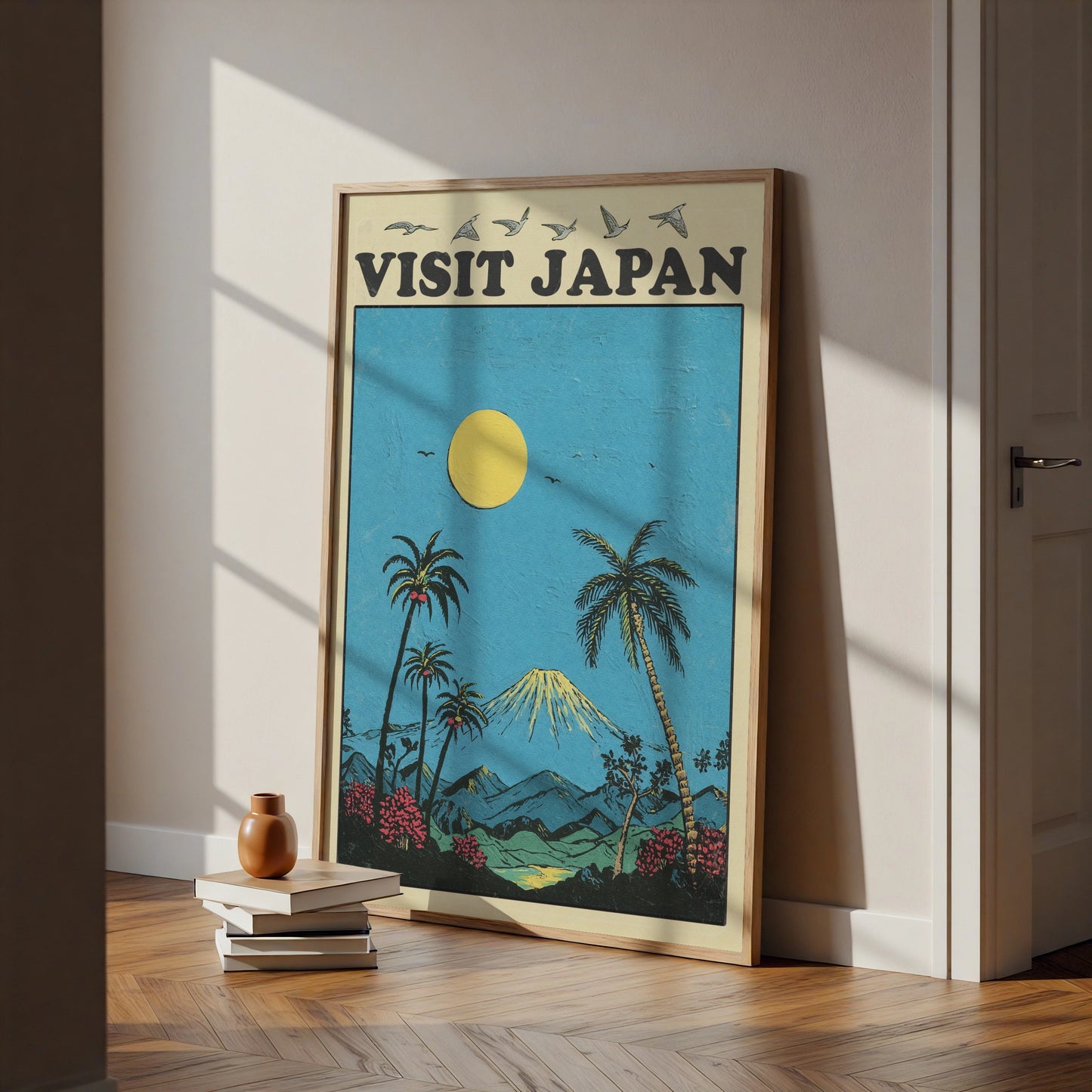 Visit Japan Travel Poster, Mount Fuji Retro Wall Art, Vintage Japan Print, Tropical Blue