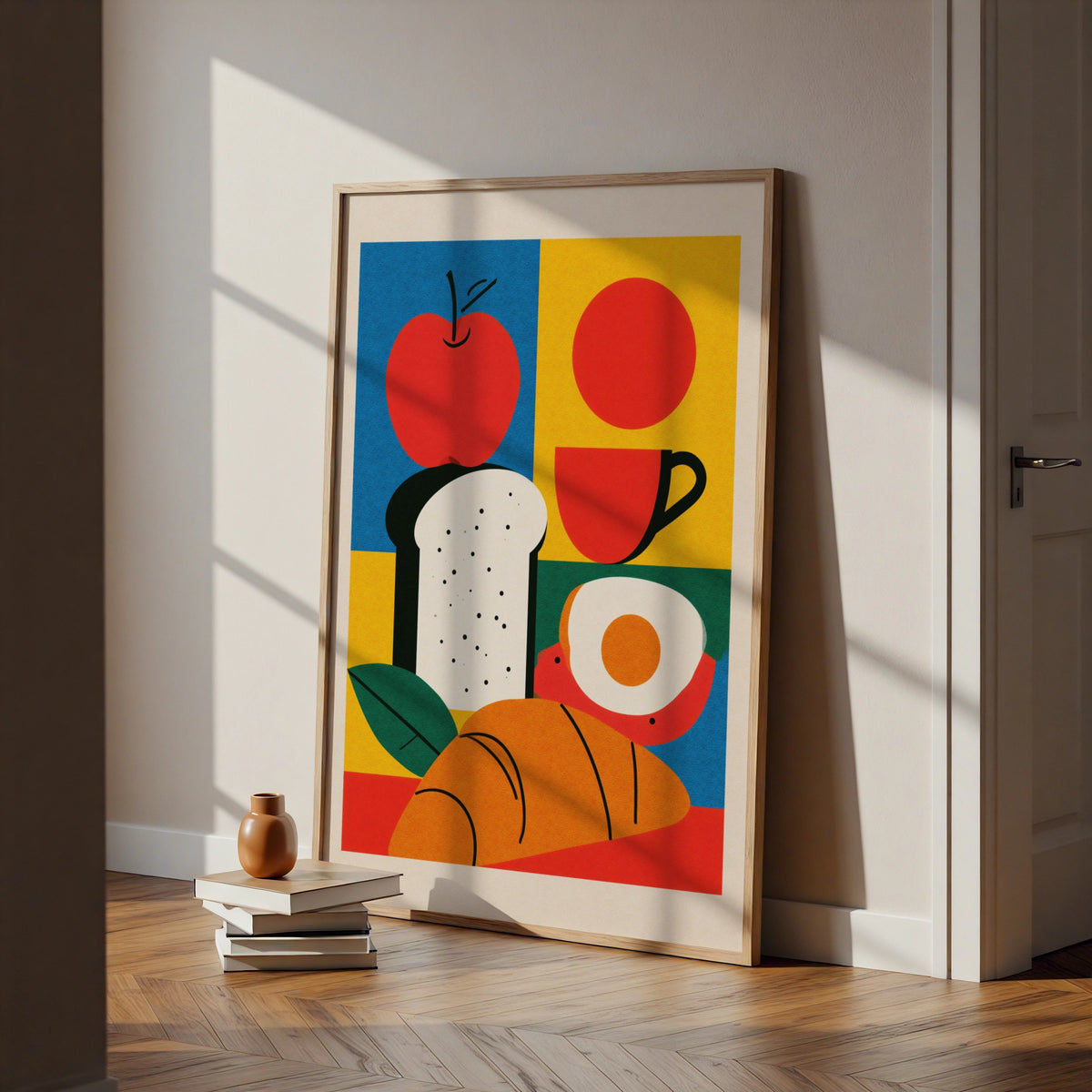 Bakery Breakfast Poster, Bold Retro Kitchen Wall Art, Bread Egg Apple Coffee Print