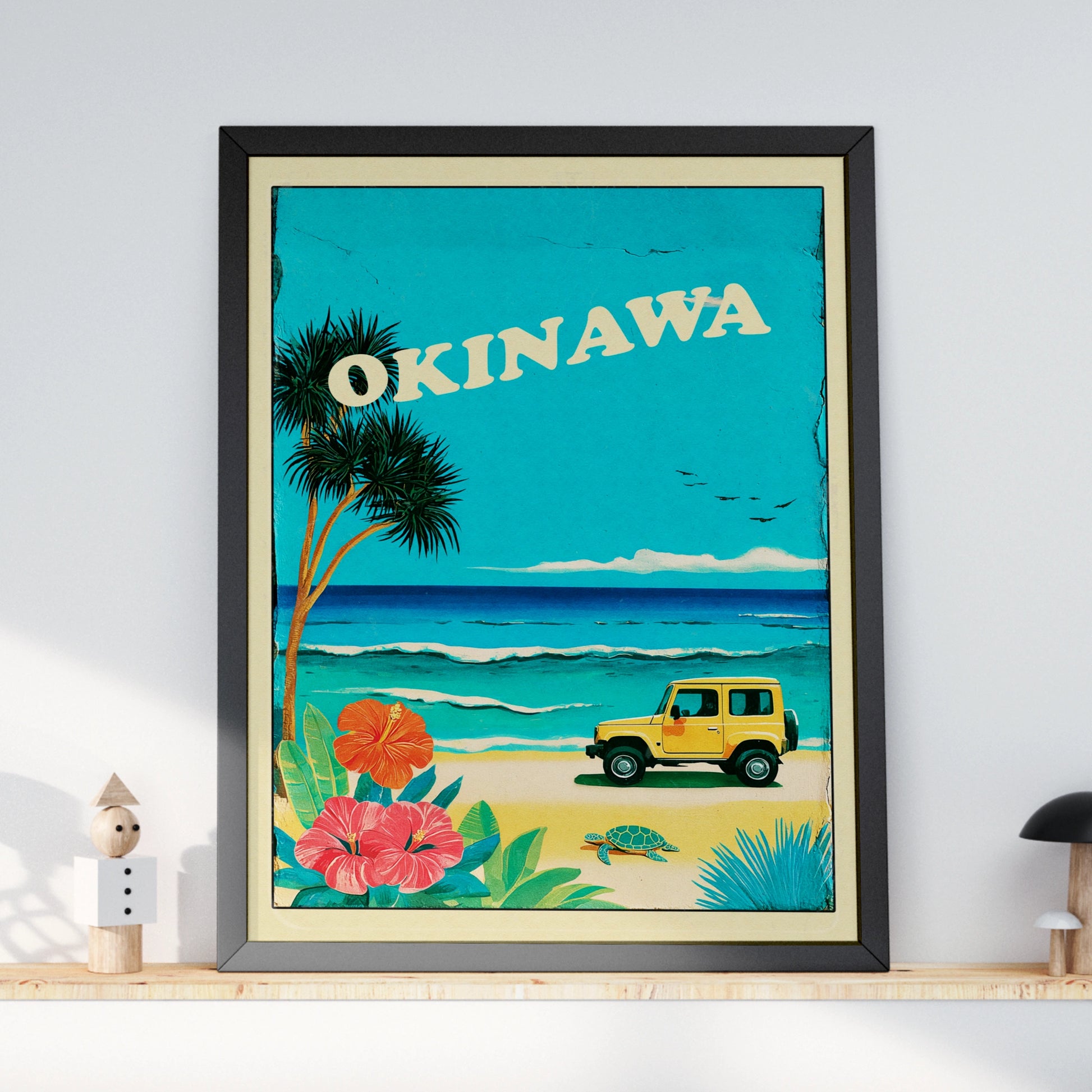 Okinawa Retro Travel Poster, Japan Beach Print, Vintage Tropical Wall Art, Jeep