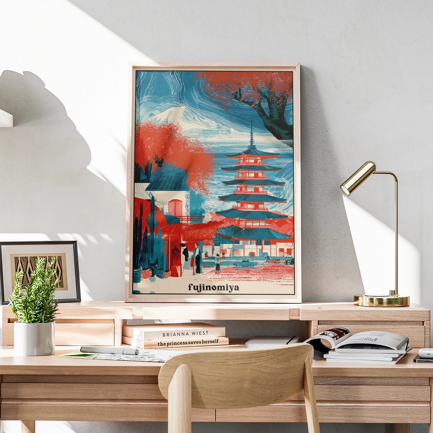 Fujinomiya Japan Travel Poster, Japanese Pagoda Wall Art, Mount Fuji Print, Red Blue