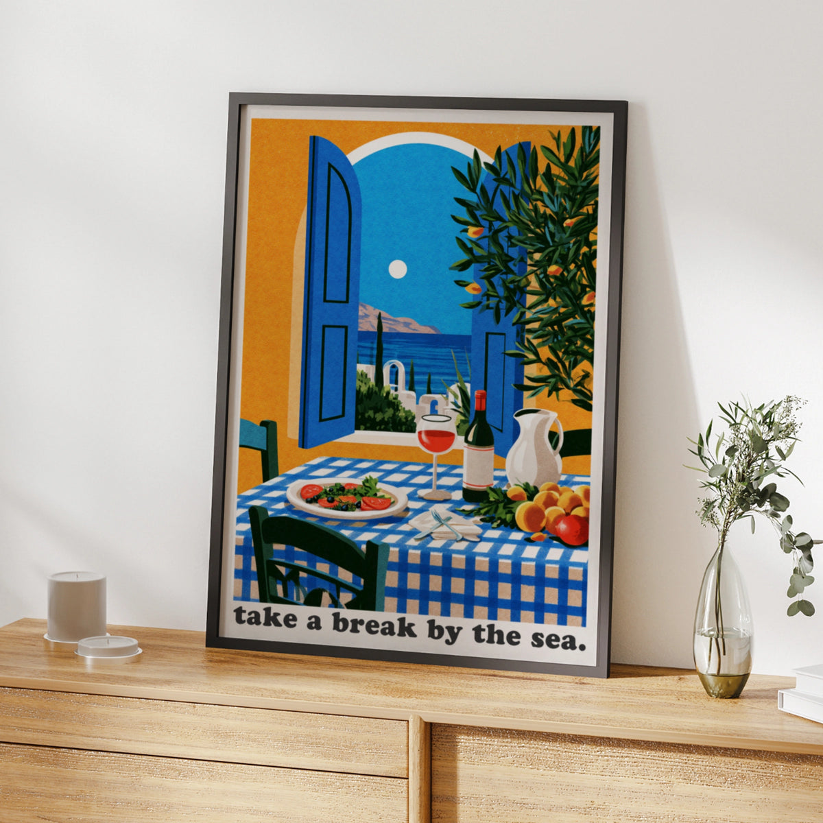 Greece Travel Poster, Mediterranean Sea View Print, Retro Greek Island Wall Art, Kitchen Decor