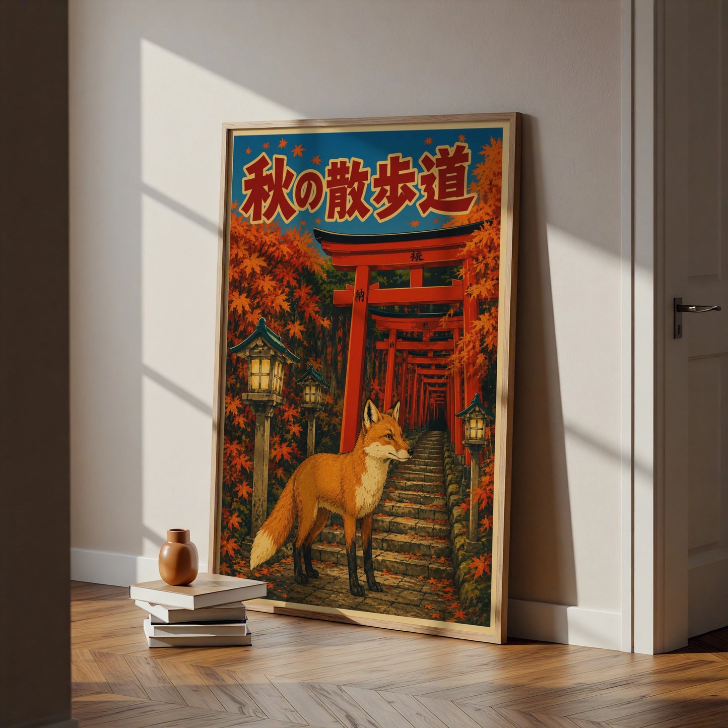 Japanese Fox Poster, Torii Gate Autumn Art Print, Kitsune Wall Art, Japan