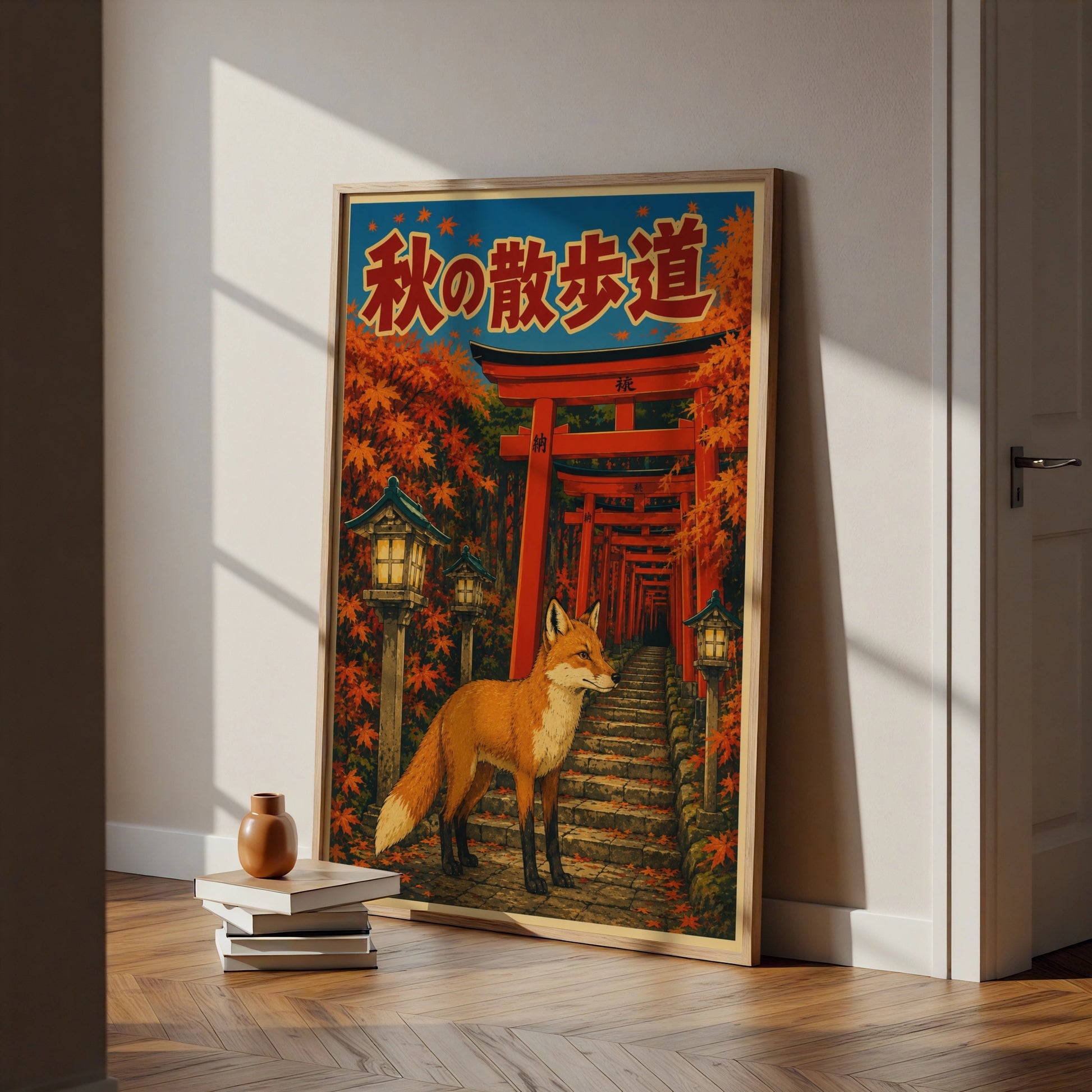 Japanese Fox Poster, Torii Gate Autumn Art Print, Kitsune Wall Art, Japan