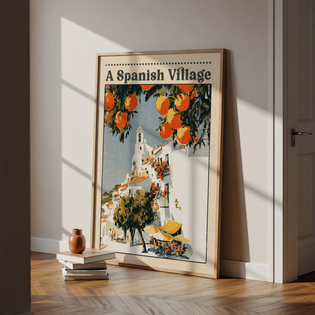 Spanish Village Vintage Travel Poster, Mediterranean Wall Art, Orange Tree Print