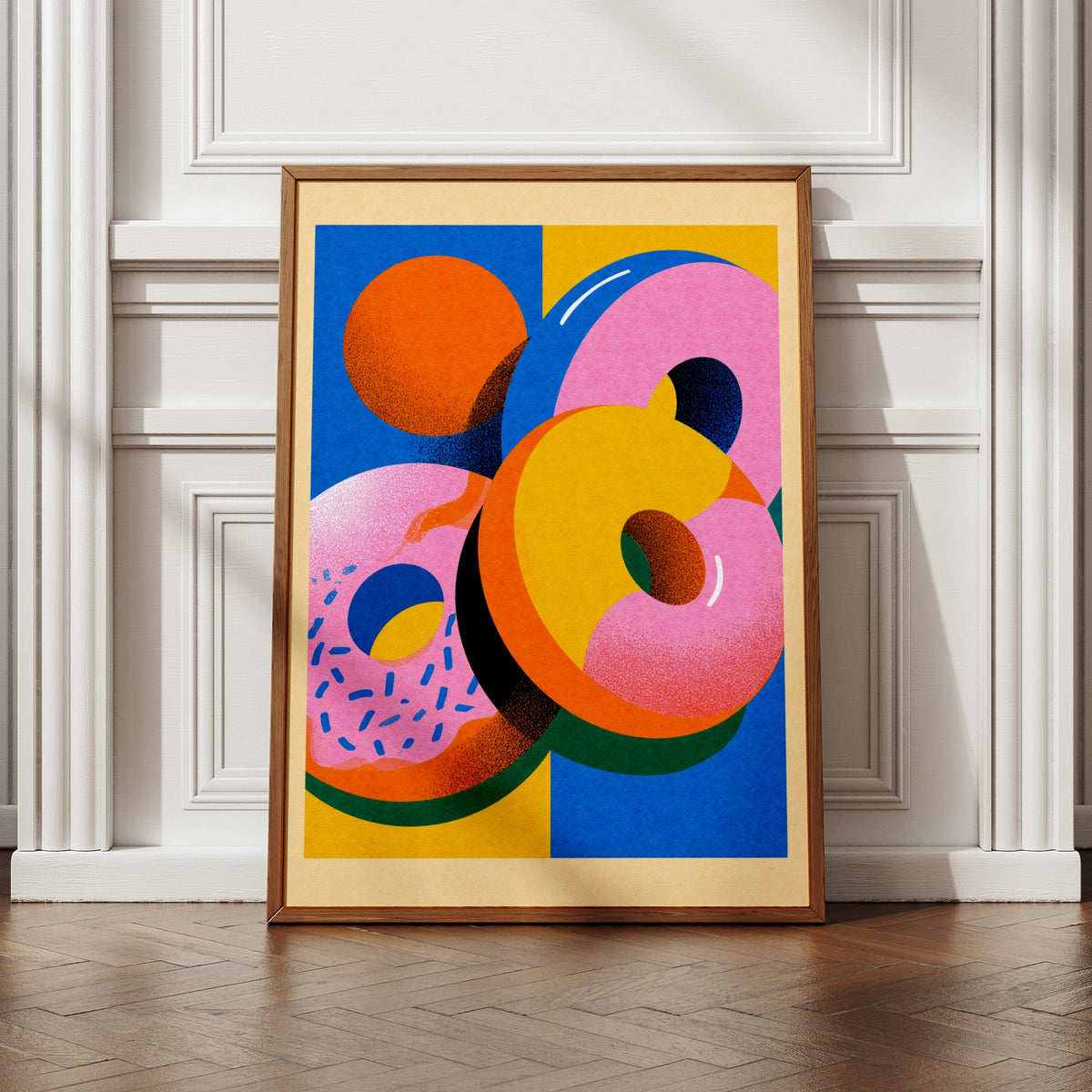 Donut Wall Art, Colourful Food Poster, Bold Retro Kitchen Print, Pink Blue Yellow Decor
